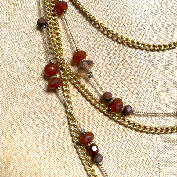 RETRO COSTUME JEWELRY MULTI STRAND STATEMENT NECKLACE GOLD TONE CHAINS WITH GEMS - Picture 3 of 5
